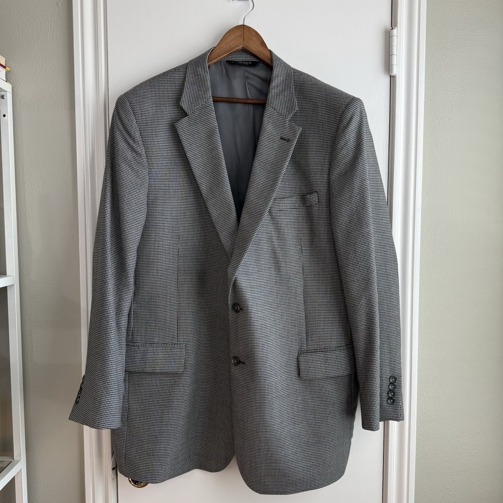 Jos A Bank Men 48L Black White Houndstooth Wool Blazer Sport Coat Two Button